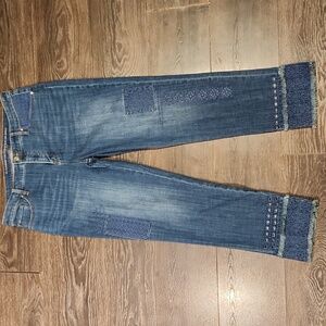 ❤️ CHICO'S EYELET PATCHWORK DOUBLE FRAY HIGH RISE GIRLFRIEND SLIM ANKLE JEANS 12